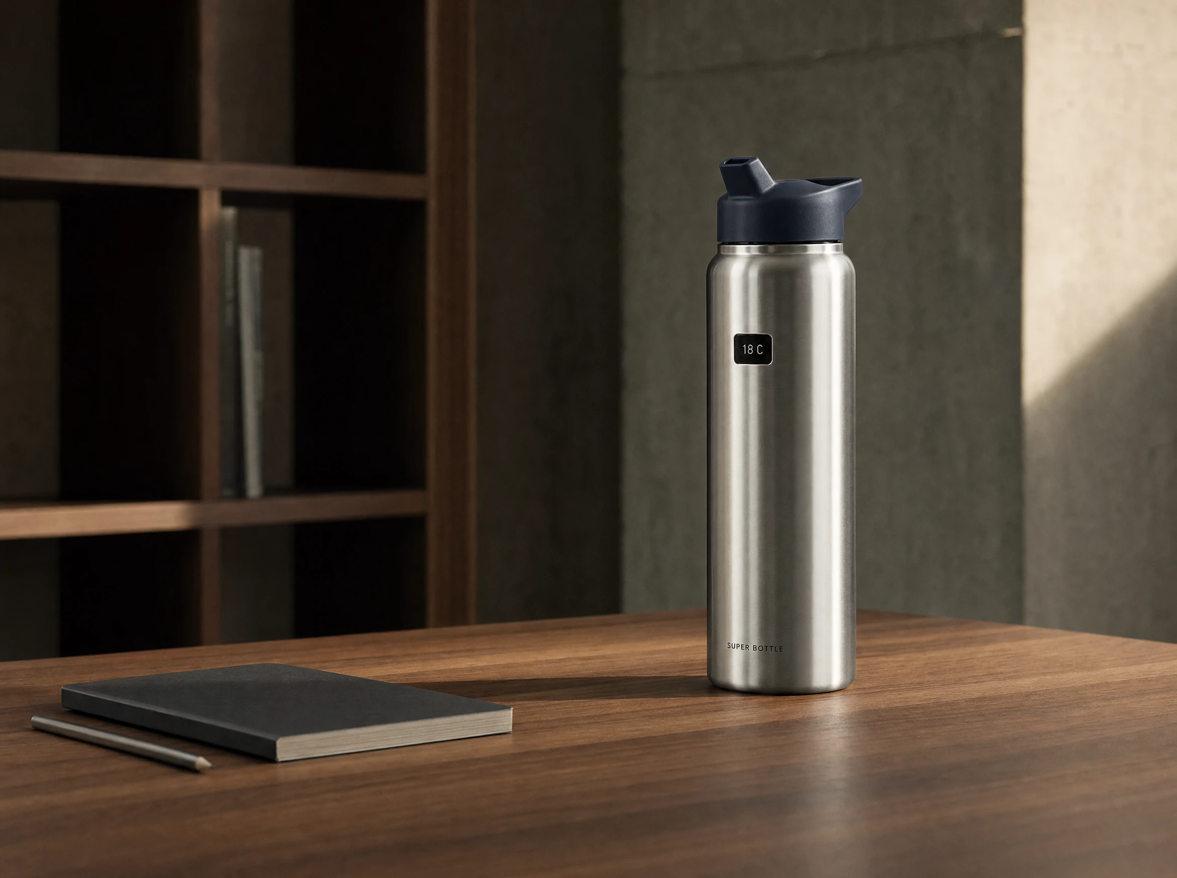 The steel bottle concept on a walnut desk in warm window light